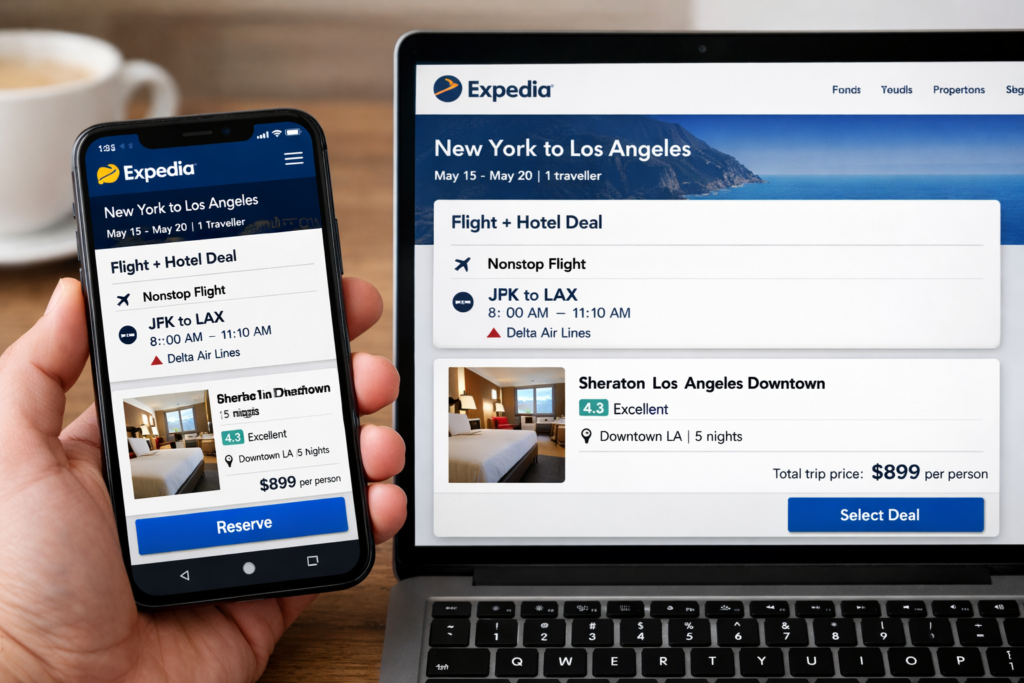 Expedia Mobile App vs Website comparison showing smartphone and laptop travel booking screens