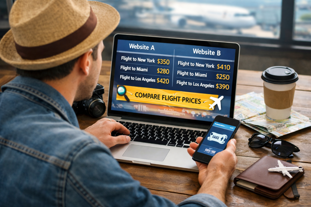 Traveler searching for cheaper flights online