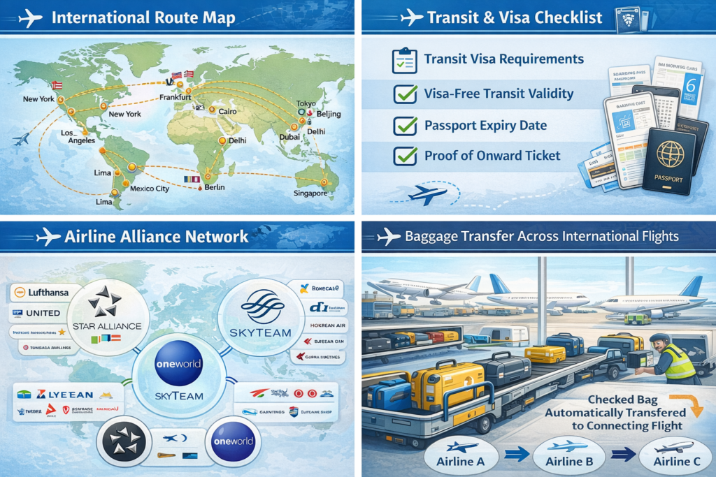International multi-city flight route map connecting multiple countries