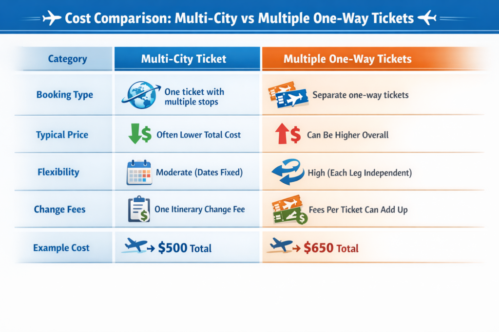 Cost comparison chart showing multi-city booking vs one-way flights